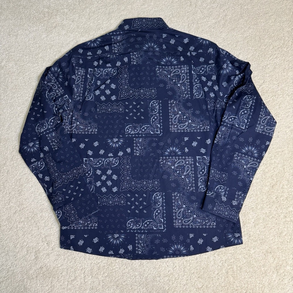 TOMMY HILFIGER Button-Up Shirt Mens Large Slim Fit Blue Cotton Stretch Paisley - Picture 7 of 8